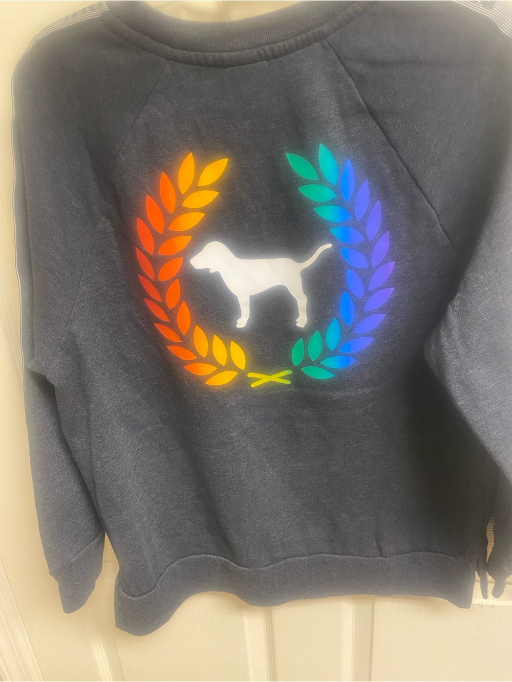 VICTORIA SECRET PINK CREW
NECK GRAY SWEATER SIZE S WITH RAINBOW LOGO ON BACK !!